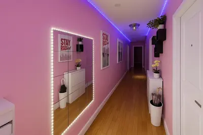 a hallway with a purple wall with a led light at Lavender style Room in Geusthouse in New York