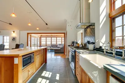 a kitchen with a sink and a counter top at Wellness Retreat with Views! Upscale Marlboro Cabin in Marlboro