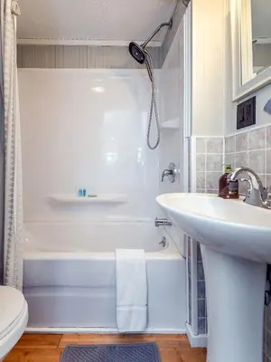 a bathroom with a sink and a tub and a toilet at Cozy 2-bedroom Cottage with Access to Bantam Lake in Morris