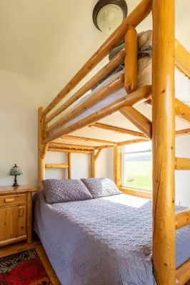 a bedroom with a wooden bunk bed with a ladder at Silver Lake Cabin w/ Own Lake! (near Cooperstown) in New Berlin