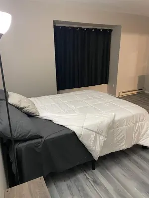 a bed in a room with a black curtain at Private Apartment in Southbury 101 in Southbury