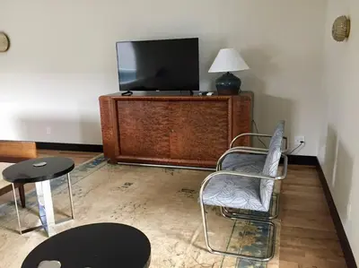 a living room with a tv and two chairs at Elegant Townhouse, Hudson center, 3 ensuite baths in Hudson