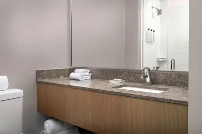 a bathroom with a sink and a mirror and a toilet at SpringHill Suites by Marriott New York Queens in Queens
