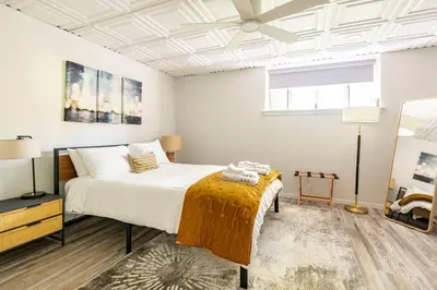 a bedroom with a bed and a ceiling at Modern, Cozy Hudson Valley Escape 1 Hr From NYC in Putnam Valley