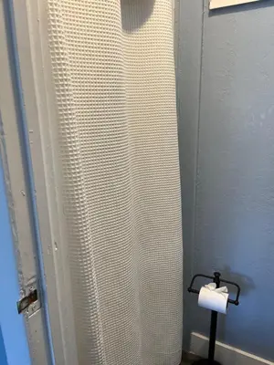 a shower curtain in a bathroom with a roll of toilet paper at Hitching Post Motel in Cornwall