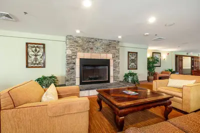 a living room with a couch and a fireplace at Berkshire Mountain Lodge in Pittsfield