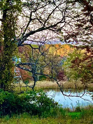a painting of a bridge over a body of water at Mountain-Top-Hideaway Stay in a log cabin on a private rd! Swim, hike, explore a true mountain experience in North Blenheim