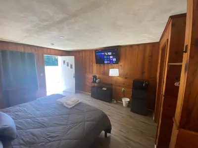 a bedroom with a bed in a room with wooden walls at Heart of the Berkshires Motel in Pittsfield