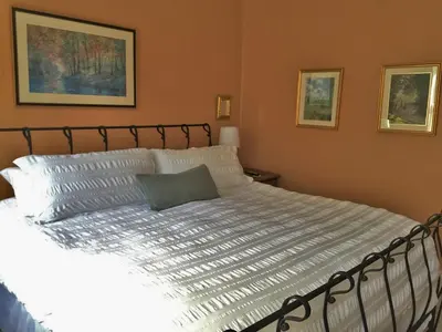 a bedroom with a large bed with white pillows at The Frogtown Inn in Canadensis
