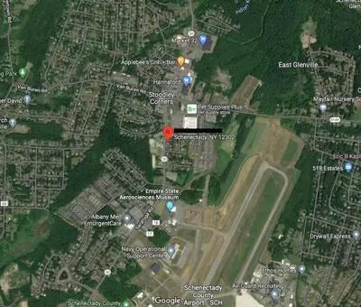 a map with a red marker on it at Rustic Elegance 3BDR Stylish Farmhouse Getaway in Schenectady