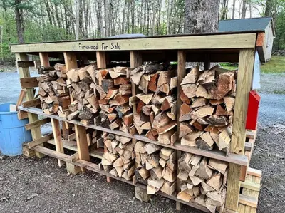 a pile of fire wood in a wooden box at Wally's Cabin in Hawley