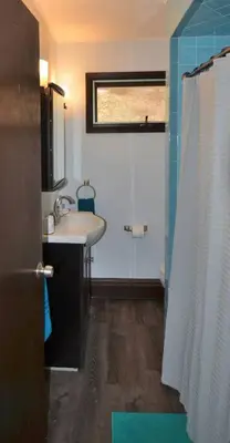 a bathroom with a sink and a shower with a window at 3 Acre Lake Paradise Swimming Pool & Jacuzzi HotTub! in Hopatcong