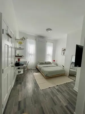 a bedroom with a bed and a desk and a television at Cozy Private studio in Bushwick in Brooklyn