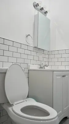 a white bathroom with a toilet and a mirror at Cozy Private studio in Bushwick in Brooklyn