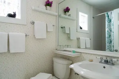 a bathroom with a sink and a toilet and a mirror at Four Chimneys Inn in Bennington