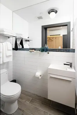 a white bathroom with a toilet and a sink at Little Charlie Hotel in New York