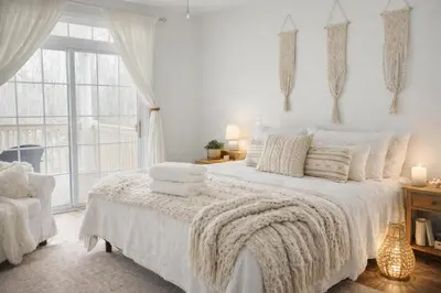 a white bedroom with a large bed and a window at Catskill Cabin with Firepit & Indoor Jacuzzi Tub in Catskill