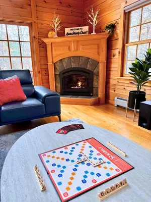 a living room with a fireplace and a table at Spring skiing with friends & family - Berkshires in Otis