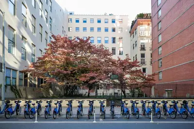 a row of blue bikes parked in a parking lot at Chelsea 1BR w Balcony Doorman Gym NYC-135 in New York