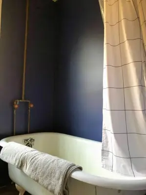 a bathroom with a bath tub with a shower curtain at Mountain Farmhouse (The Lorca, Catskills) in Shandaken
