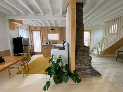 a kitchen and dining room with a table and a plant at Modern Cottage One (The Lorca, Catskills) in Shandaken
