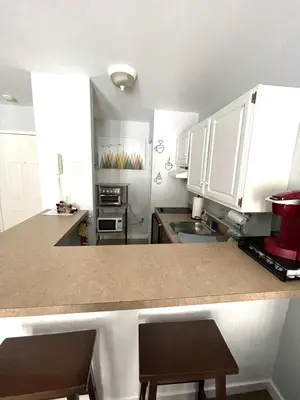a kitchen with a counter top and a refrigerator at Mountain View Suite on Jiminy Peak Ski On Off -New in Hancock
