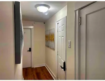 a hallway with a white door and a painting on the wall at 8-A Diamond in Yonkers, NY in Yonkers