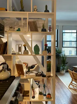 a room with shelves filled with vases and plants at Charming Studio West Village in New York