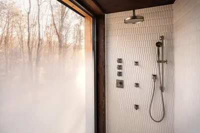 a shower in a bathroom with a window at The Chatwal Lodge (All-Inclusive) - in The Unbound Collection by Hyatt in White Lake