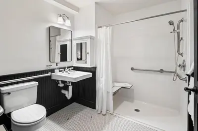 a bathroom with a toilet and a sink and a shower at Hotel Mountain Brook in Tannersville