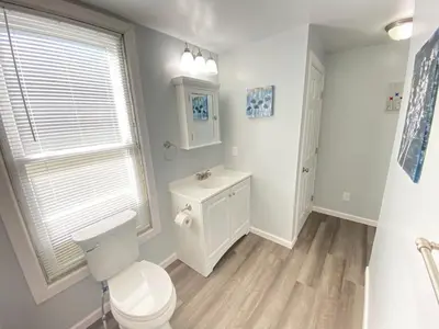 a white bathroom with a toilet and a sink at 3rd Base Apt 1 All Star Baseball Rentals in Oneonta
