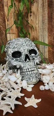 a sculpture of a skull and shells on a table at Must See Pirate Suite Ski On Off Jiminy - Mtn View Fully Redone Decor in Hancock