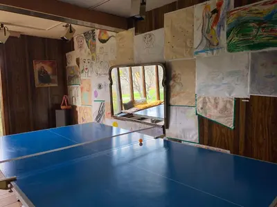 a ping pong table in a ping pong room at Daydream Mountain Art Chateau in Catskill