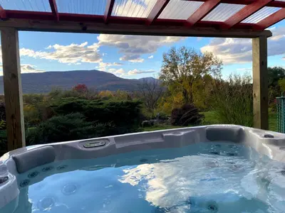 a jacuzzi tub with a view of the mountains at Daydream Mountain Art Chateau in Catskill