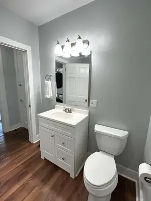 a bathroom with a toilet and a sink and a mirror at Home Plate Apt 1 All Star Baseball Rentals in Oneonta