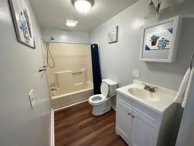 a white bathroom with a toilet and a sink at Home Plate Apt 2 All Star Baseball Rentals in Oneonta