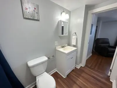 a bathroom with a white toilet and a sink at Home Plate Apt 2 All Star Baseball Rentals in Oneonta