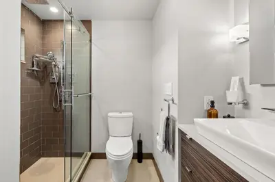 a bathroom with a shower and a toilet and a sink at Relaxing Catskill Escape- Mountain Views - Hot Tub - Fire Pit - Heated Pool in Catskill