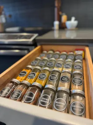 a wooden box full of spices in a kitchen at Relaxing Catskill Escape- Mountain Views - Hot Tub - Fire Pit - Heated Pool in Catskill