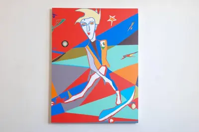 a painting of a woman sitting on a skateboard at Hoboken Haven – Heart of town! in Hoboken