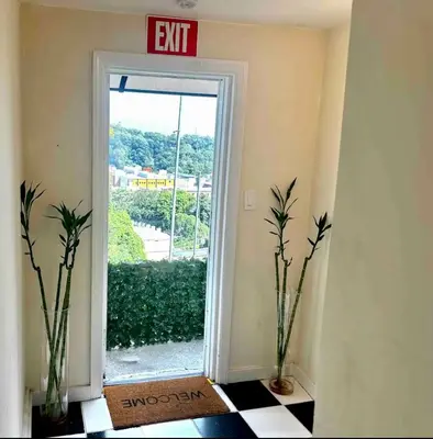 an exit sign above a door with two plants in a hallway at 5-A Diamond in Yonkers in Yonkers