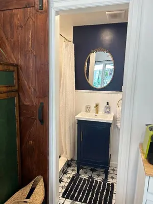 a bathroom with a sink and a mirror at Adorable 1 bedroom cottage in Forest Hills