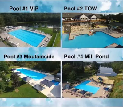 a collage of four pictures of a swimming pool at Harmony Hill Stylish 4bd Mountain Retreat, Hot Tub, Games in Bushkill