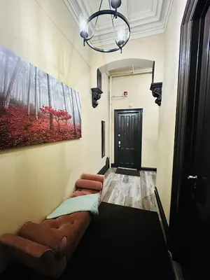 a hallway with a couch and a painting on the wall at Spacious Apartment Downtown Albany, NY in Albany