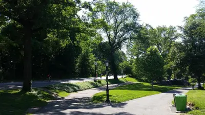 a path in a park with trees and a person riding a bike at The Central Park North in New York