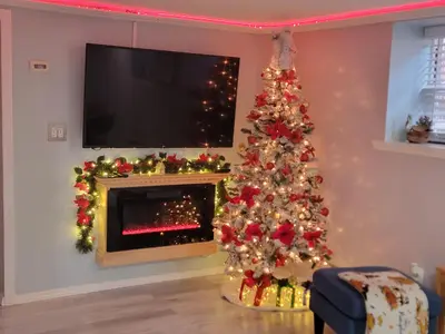 a christmas tree in a living room with a fireplace at Lovely 2 bedroom Apartment with 2 Entrance and Parking with a fee in University Heights