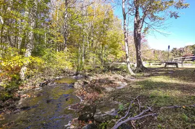 a stream in a park with a bench and trees at Quiet Killingworth Rental with Deck and Grill! in Deep River