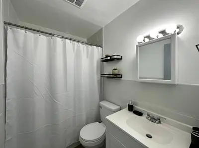 a bathroom with a toilet and a sink and a mirror at GREAT VALUE Stylish Queen Beds WD Free Park in Schenectady