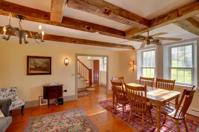 a dining room with a table and chairs at Historic New Lebanon Hideaway on 33 Private Acres! in New Lebanon