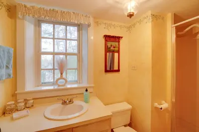 a bathroom with a sink and a window and a toilet at Historic New Lebanon Hideaway on 33 Private Acres! in New Lebanon